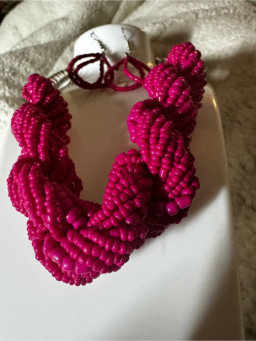 Handcrafted Hot Pink Beaded Necklace & Earrings Set